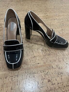 Rosetti Black Patent Block Heel Loafers with White Trim 50s style
